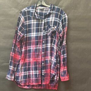 Old Navy Size Large Plaid Shirt Red Grunge Tie Dyed Tunic Window Pane Blue